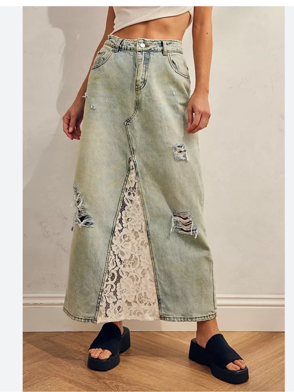 BDG Lace-Front Distressed Denim Maxi Skirt - Light Blue